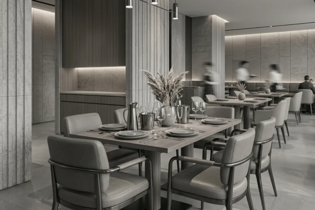 Modern monochromatic restaurant interior, with Craftnika hospitality furniture and detailed table setting.