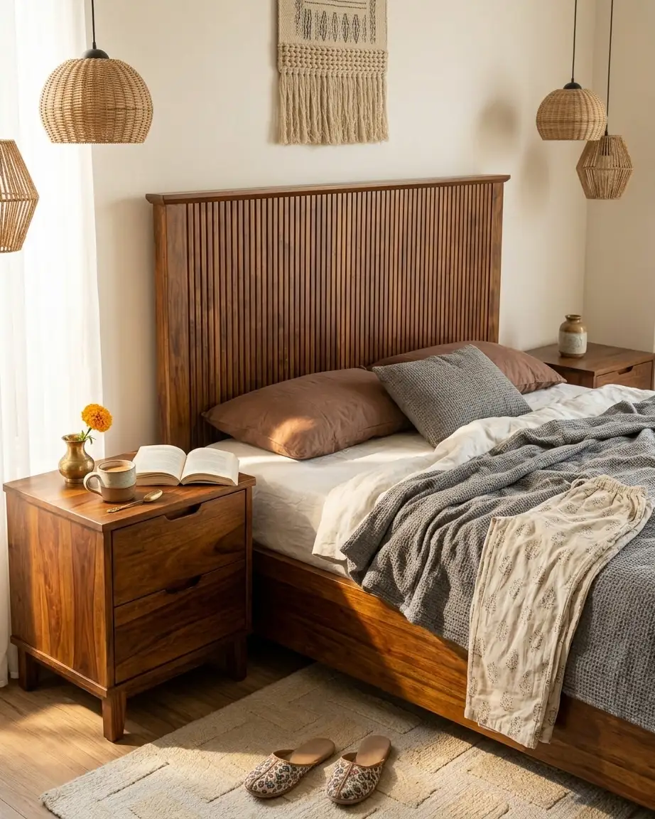 Arvello wooden bed placed in modern bedroom interior with warm wood finish and minimal style