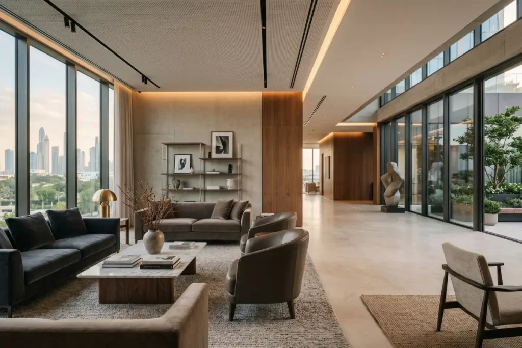 Luxury hotel lobby with premium sofa seating, wooden furniture, and elegant interior design by Craftnika