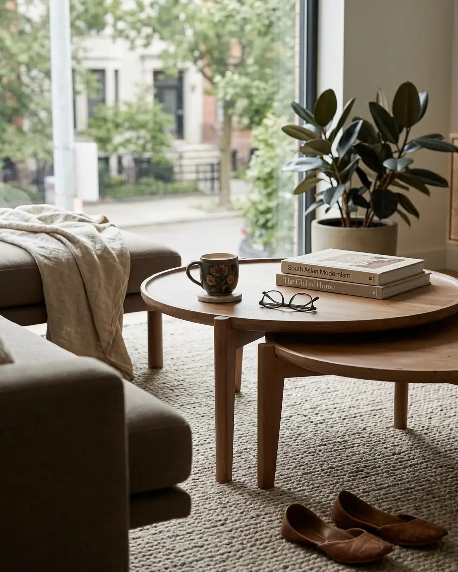 Loveno luxury coffee table styled in modern home interior with decorative setup and solid wood frame