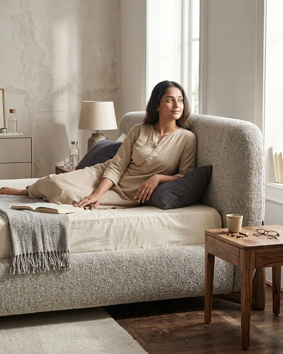 Velora designer upholstered bed in modern bedroom setting with comfortable seating and elegant design