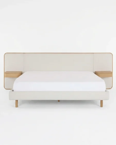 Alvero luxury wooden bed front view with upholstered headboard and modern minimal design